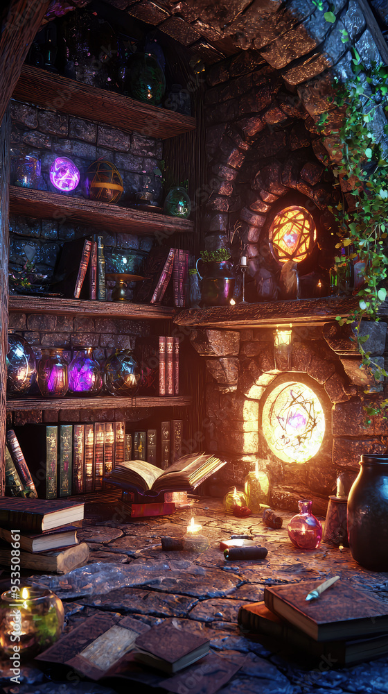 Obraz premium A Mystical Den: Secrets Unraveled in a Witch's Cozy Lair, Where Spells and Knowledge Intertwine.