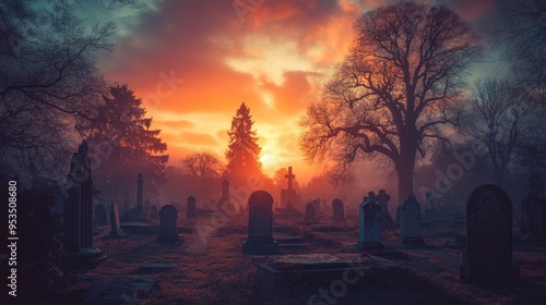 Eerie sunset view of a misty graveyard with shadowy trees and tombstones, enveloped in a haunting, atmospheric ambiance.