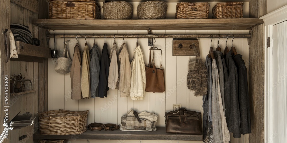 Wooden closet with clothes, baskets, and a bag. Wooden closet with clothes, baskets, and a bag.