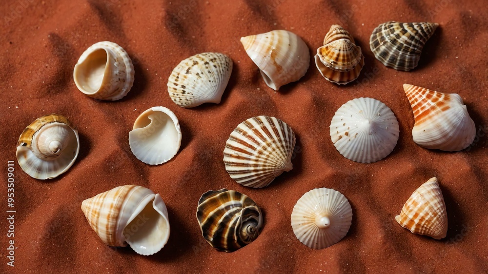 collection of various small seashells on red aesthetic background collection of various small seashells on red aesthetic background