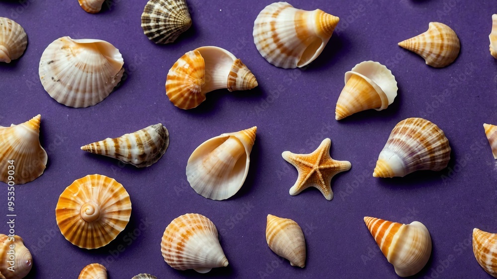 collection of various small seashells on purple aesthetic background collection of various small seashells on purple aesthetic background