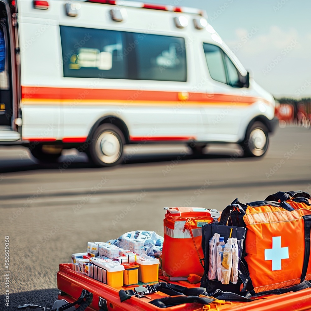 An emergency medical kit stands ready beside an ambulance, symbolizing ...