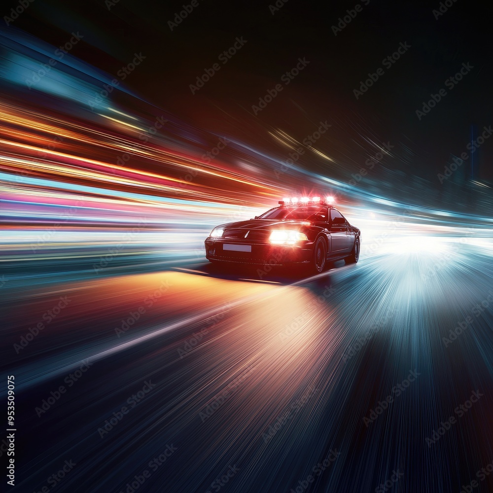 Naklejka premium A sleek police car in high-speed motion with flashing lights, capturing the essence of law enforcement and urgency at night.