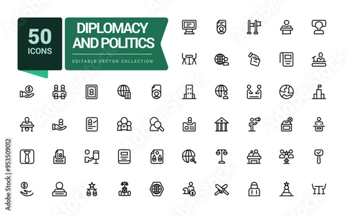 Diplomacy And Politics collection. Bundle of outline icons related to international relations. Minimalist thin linear web ui icon set. Simple editable vector stroke illustration.