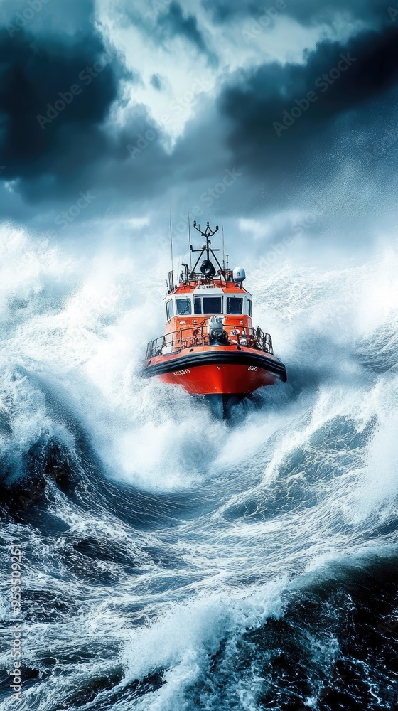 A brave rescue boat battles towering waves in a stormy sea, showcasing resilience and courage against nature's fury. A brave rescue boat battles towering waves in a stormy sea, showcasing resilience and courage against nature's fury.