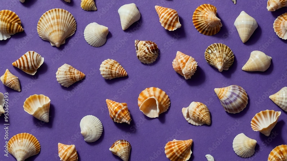 collection of various small seashells on purple aesthetic background collection of various small seashells on purple aesthetic background