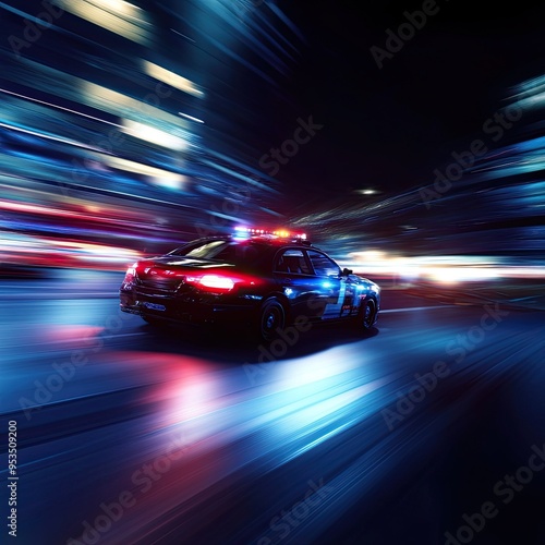 A dynamic night scene showcasing a speeding police car with flashing lights, symbolizing law enforcement and urgency.