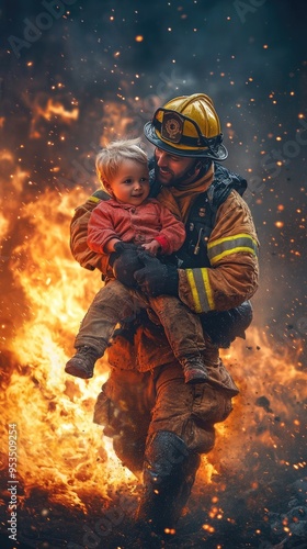 A brave firefighter rescues a child from a blazing fire, showcasing heroism and courage amidst danger and smoke.