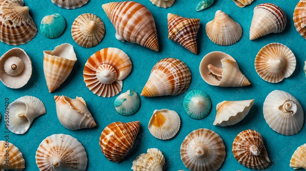 collection of various small seashells on blue aesthetic background collection of various small seashells on blue aesthetic background