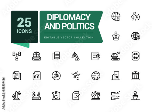 Diplomacy And Politics collection. Bundle of outline icons related to international relations. Minimalist thin linear web ui icon set. Simple editable vector stroke illustration.