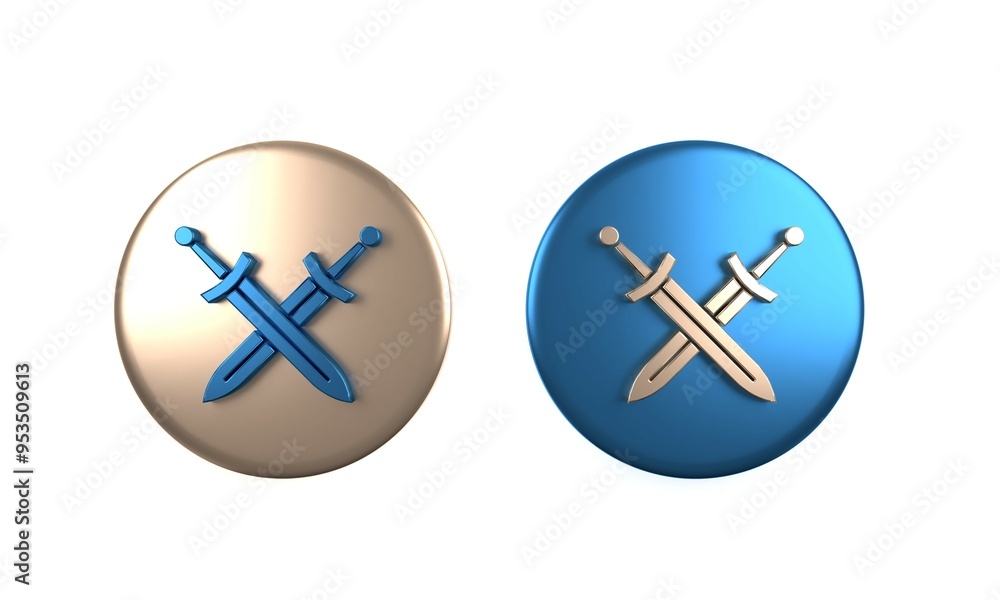 Obraz premium Colorful Crossed medieval sword icon isolated on white background. Medieval weapon. Circle button. 3D render illustration