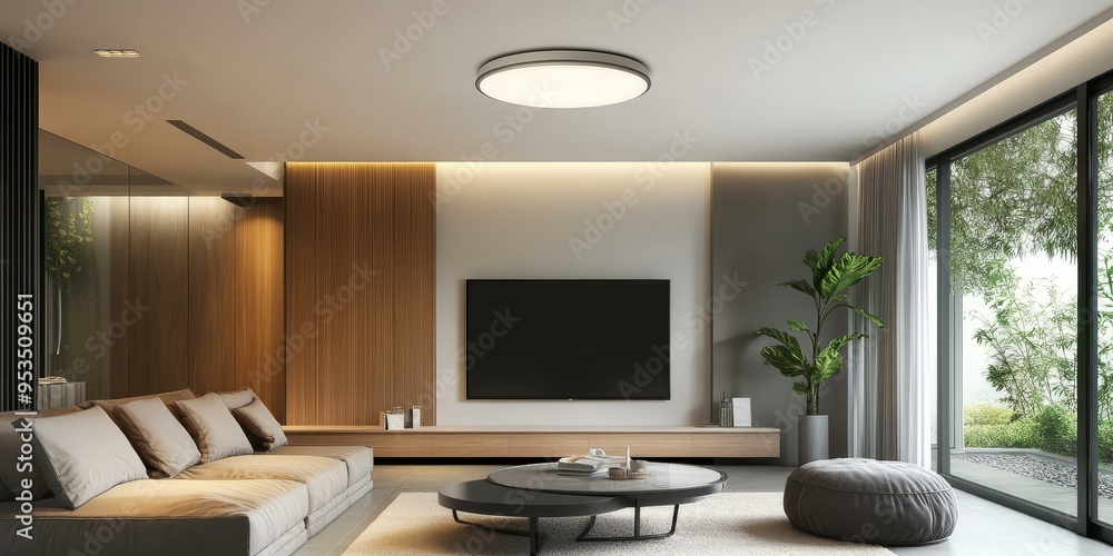 Modern living room with couch, coffee table and large window. Modern living room with couch, coffee table and large window.