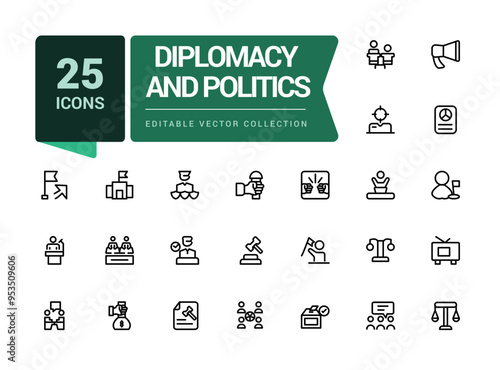 Diplomacy And Politics collection. Bundle of outline icons related to international relations. Minimalist thin linear web ui icon set. Simple editable vector stroke illustration.