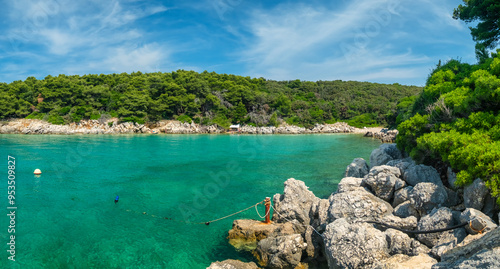 Fototapeta Naklejka Na Ścianę i Meble -  Panorama of the stunning Adriatic coast with turquoise sea water on the Rab island, Dalmatia region, Croatia.