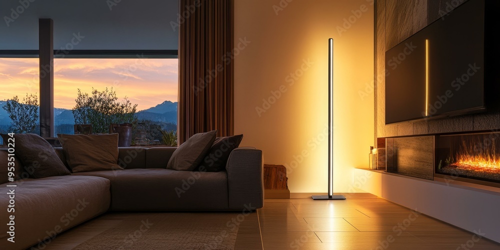 Fototapeta premium Modern living room with fireplace and sunset view.