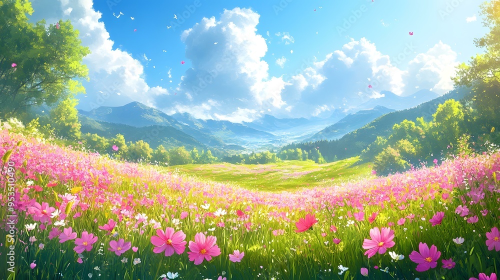 Fototapeta premium Vibrant Cosmos Bloom in a Colorful Japanese Meadow, Mountains in the Distance - colorful japan meadow very Beautiful