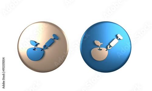 Colorful Genetically modified apple icon isolated on white background. GMO fruit. Syringe being injected to apple. Circle button. 3D render illustration