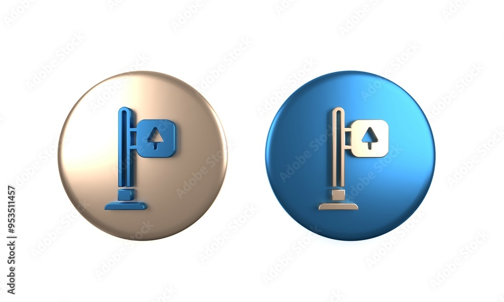 Colorful Road traffic sign. Signpost icon isolated on white background. Pointer symbol. Street information sign. Direction sign. Circle button. 3D render illustration Colorful Road traffic sign. Signpost icon isolated on white background. Pointer symbol. Street information sign. Direction sign. Circle button. 3D render illustration