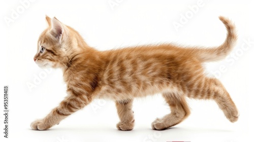 A cute ginger kitten walks gracefully across a white background. Its playful demeanor and fluffy fur add charm. Ideal for pet lovers and animal enthusiasts. AI