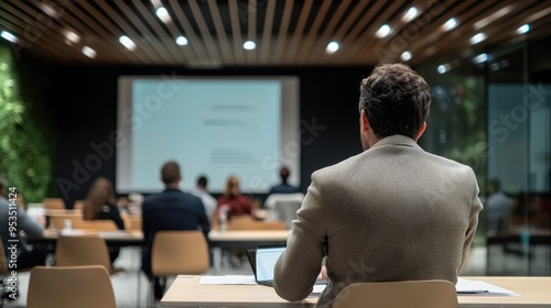 Engaged audience in a business presentation, seen from behind a professional in a modern conference room