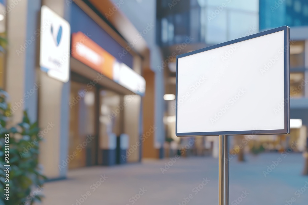 A large white sign is on a pole in front of a building A large white sign is on a pole in front of a building