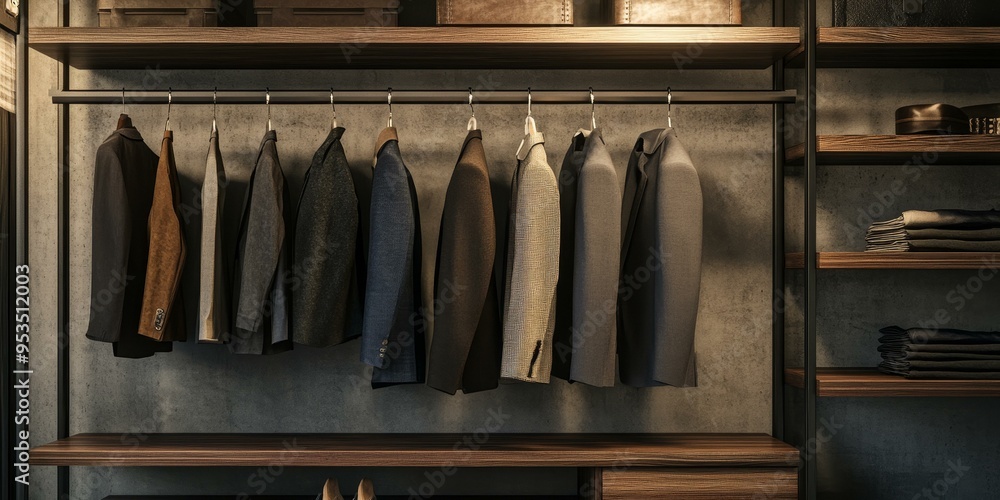 A closet with suits hanging on a rack. A closet with suits hanging on a rack.