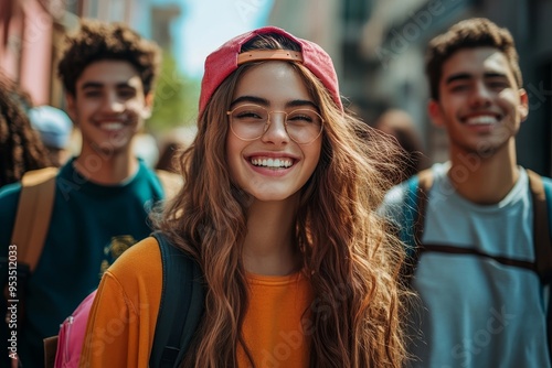 Multicultural young people having fun walking on city street. Happy friends group talking and laughing out loud. University student enjoying time together in college campus. Life style, Generative AI