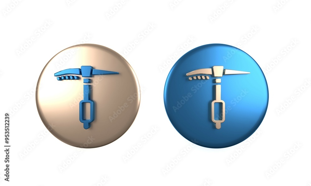 Colorful Ice axe icon isolated on white background. Montain climbing equipment. Circle button. 3D render illustration Colorful Ice axe icon isolated on white background. Montain climbing equipment. Circle button. 3D render illustration