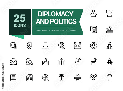 Diplomacy And Politics collection. Bundle of outline icons related to international relations. Minimalist thin linear web ui icon set. Simple editable vector stroke illustration.