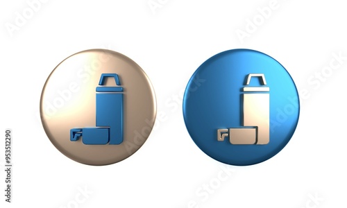 Colorful Thermos container icon isolated on white background. Thermo flask icon. Camping and hiking equipment. Circle button. 3D render illustration