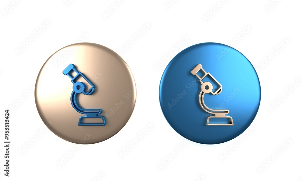Colorful Microscope icon isolated on white background. Chemistry, pharmaceutical instrument, microbiology magnifying tool. Circle button. 3D render illustration