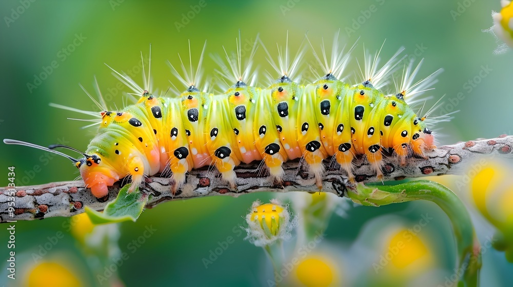 Macro Closeup of Vibrant Caterpillar on Branch Symbolizing Transformation Macro Closeup of Vibrant Caterpillar on Branch Symbolizing Transformation
