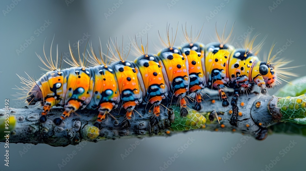 Detailed Macro Shot of a Caterpillar Climbing on a Branch Symbolizing Transformation and Growth Detailed Macro Shot of a Caterpillar Climbing on a Branch Symbolizing Transformation and Growth