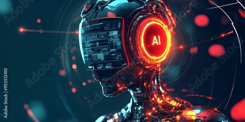 A futuristic robot with a glowing AI logo. photo