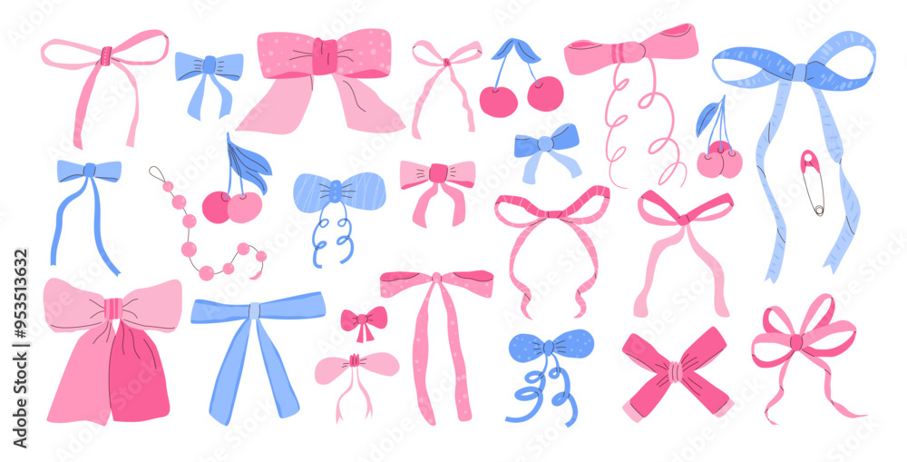 Various bows set. Ribbon band kit. Hairstyle and gift decor. Vector hand drawn bowknot collection illustration isolated on white background. Various bows set. Ribbon band kit. Hairstyle and gift decor. Vector hand drawn bowknot collection illustration isolated on white background.
