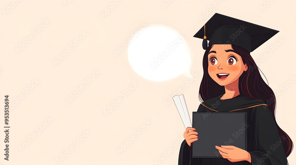 Happy Graduate Woman Holding Diploma in Graduation Cap and Gown