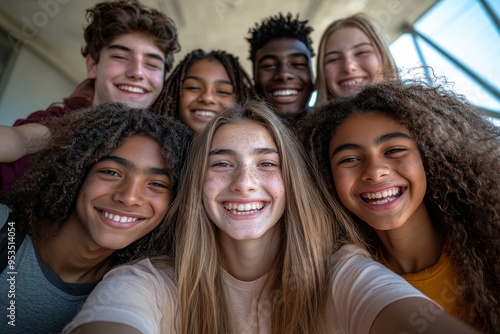 Multiracial friends taking big group selfie shot smiling at camera - Laughing young people standing outdoor and having fun - Cheerful students portrait outside school - Human resources, Generative AI