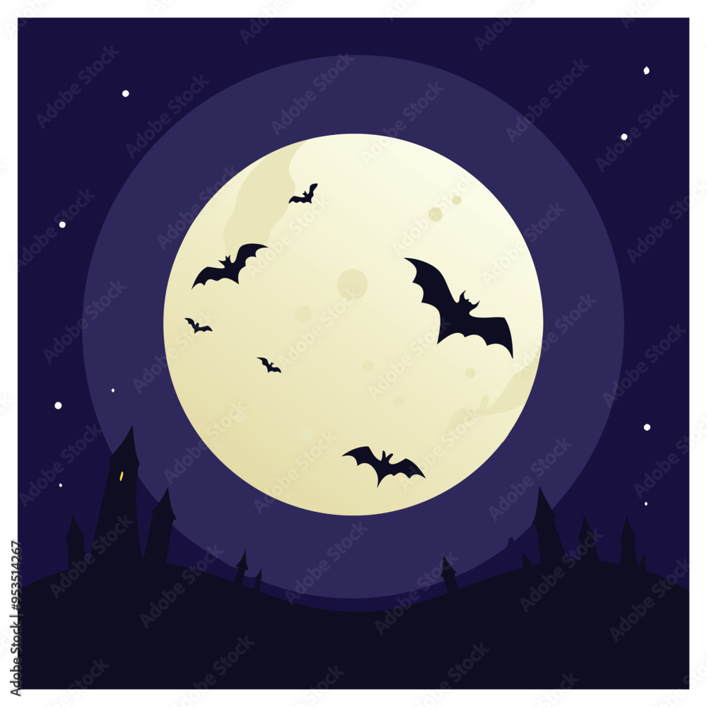 Minimalist Halloween night with haunted house and bats under a full moon in an eerie landscape Minimalist Halloween night with haunted house and bats under a full moon in an eerie landscape
