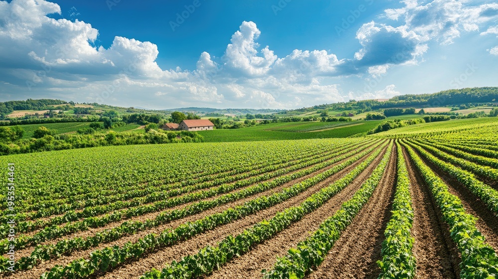 Expansive rural landscape with neatly arranged rows of crops, a traditional farmhouse, and a bright blue sky Expansive rural landscape with neatly arranged rows of crops, a traditional farmhouse, and a bright blue sky