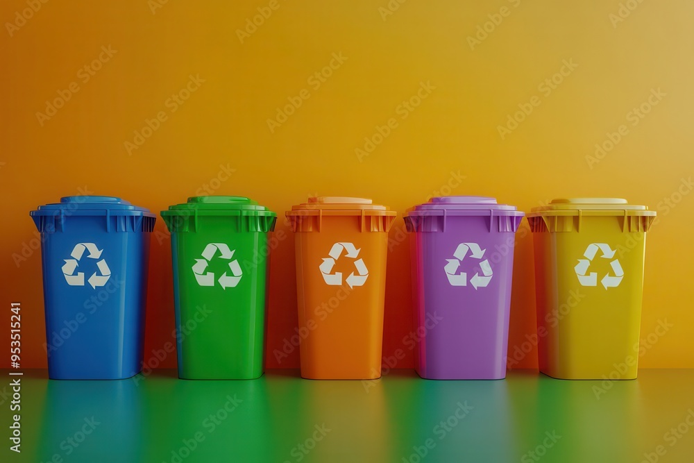 A row of trash cans with the word recycle on them A row of trash cans with the word recycle on them