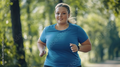 Overweight woman jogging in city street park, Weight loss, Health care and diet concept.