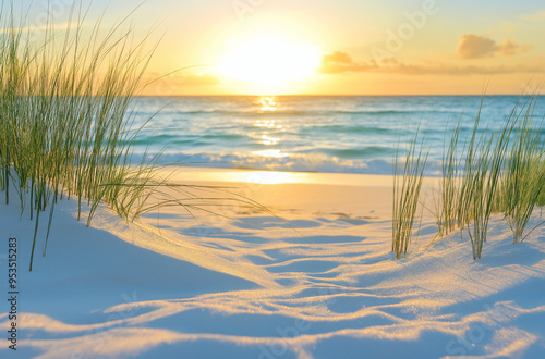 Tranquil beach sunrise with soft sand and sea grass in foreground photo