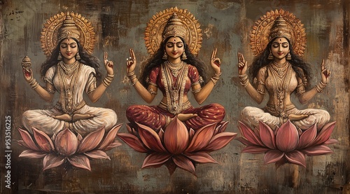 Three Hindu Goddesses Lakshmi, Saraswati, and Parvati Seated on Lotus Flowers – Spiritual Artwork Symbolizing Wisdom, Wealth, and Power