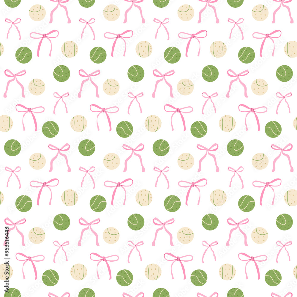Tennis ball and bow seamless pattern. Preppy serve repeat background. Coquette sport. Vector continuous surface design.