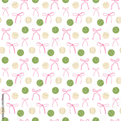 Tennis ball and bow seamless pattern. Preppy serve repeat background. Coquette sport. Vector continuous surface design.