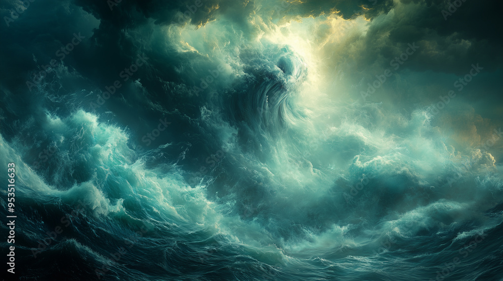 Mesmerizing ocean storm with towering kraken in the waves Mesmerizing ocean storm with towering kraken in the waves