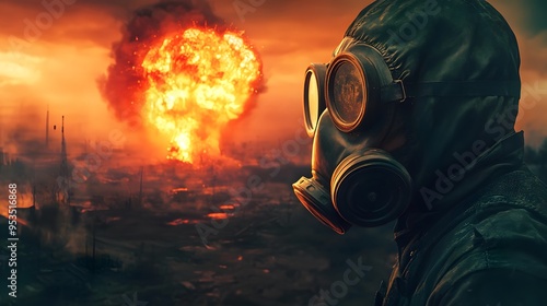 Post Apocalyptic Cityscape with Gas Mask and Explosion photo