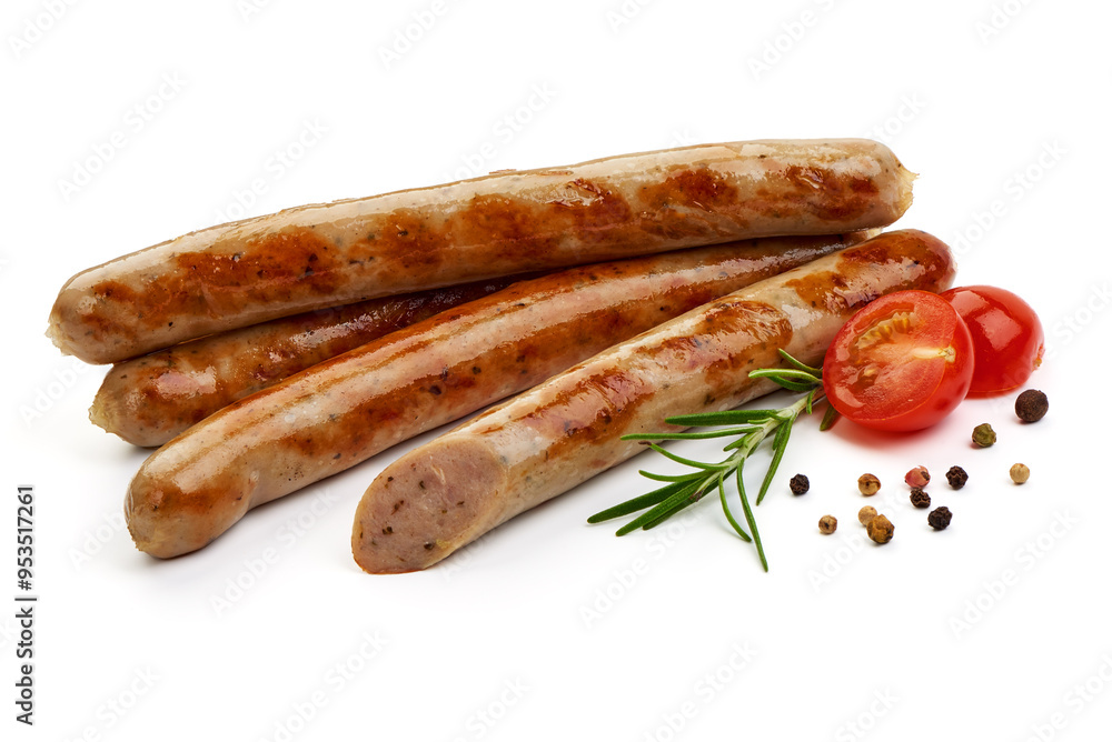 Grilled German White Thin sausages, isolated on a white background. Close-up. Grilled German White Thin sausages, isolated on a white background. Close-up.