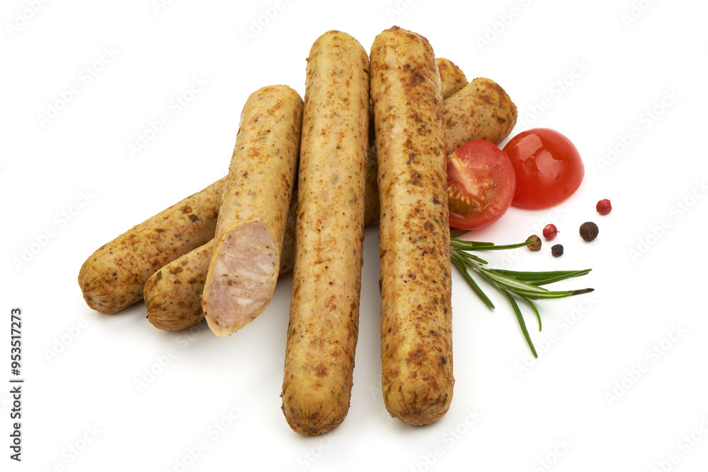 Grilled German White Thin sausages, isolated on a white background. Close-up. Grilled German White Thin sausages, isolated on a white background. Close-up.