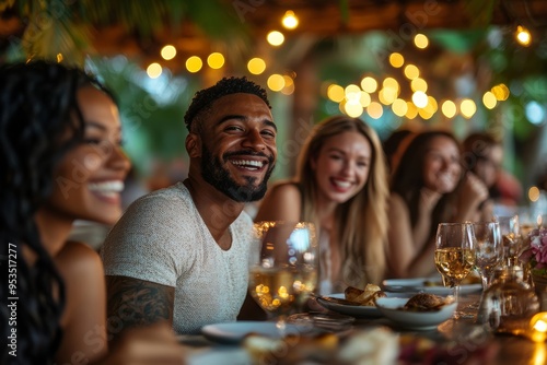 Group of friends laughing and enjoying dinner at outdoor restaurant during summer, Generative AI